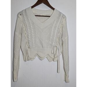 ULTRA FLIRT Ivory Long Sleeve V-Neck Lace Up Acrylic Sweater - Size S